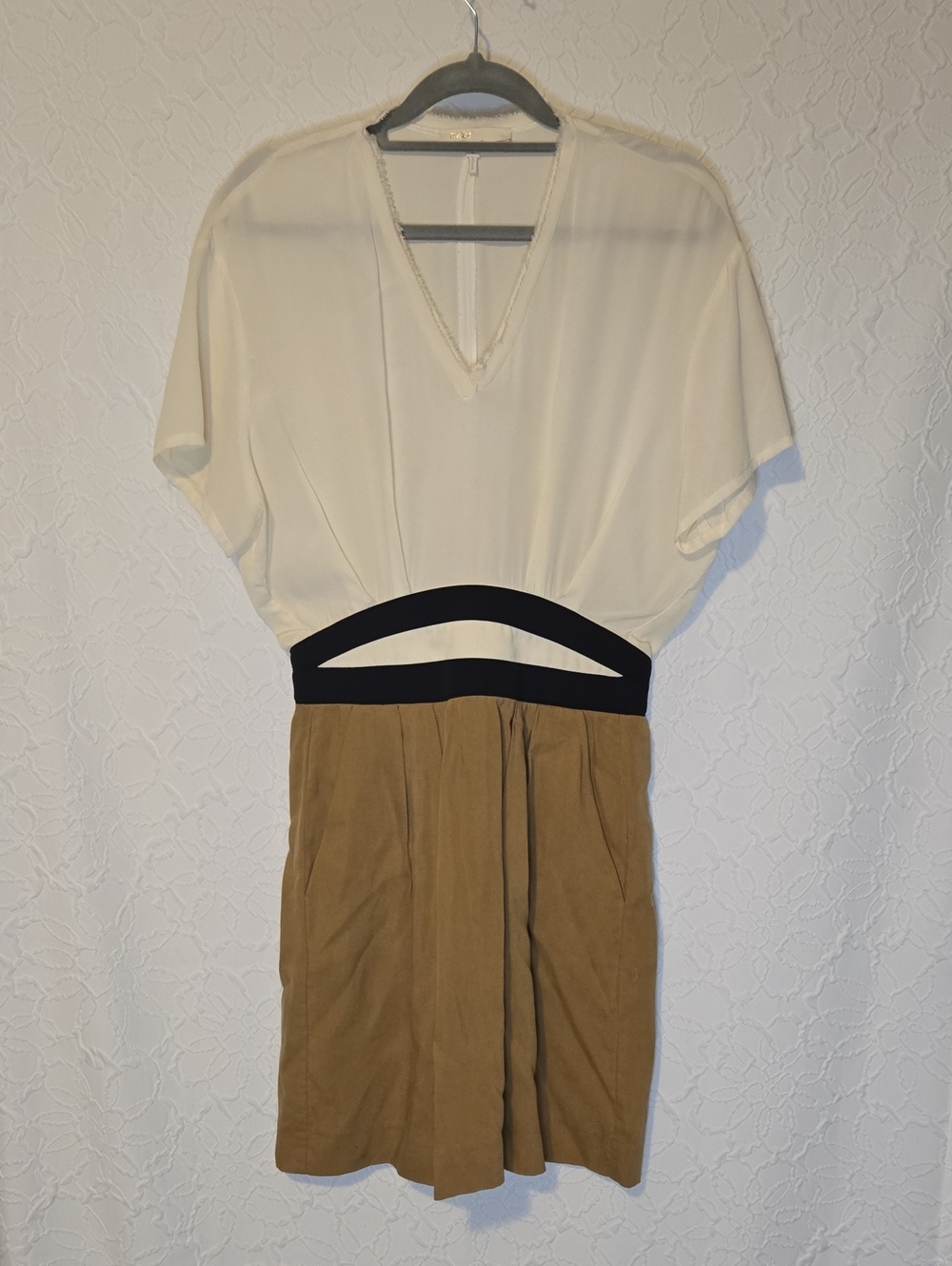 Maje 100% Silk Dress With Khaki Colored Skirt And Cream Top, Size 2
